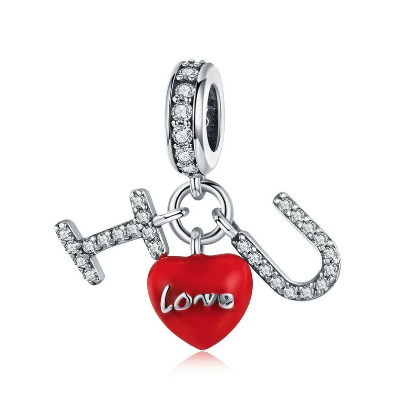 

925 Sterling Silver I Love You Pendant Red Heart Clear CZ Charms Fit Charm Bracelets Necklace Valentines Jewelry SCC1055 BAMOER