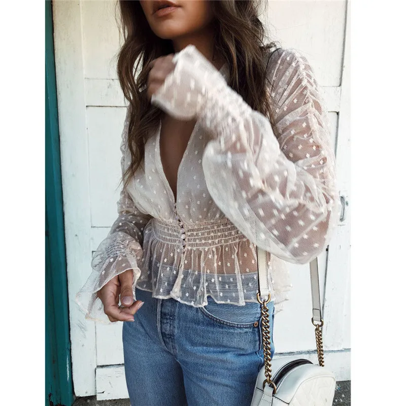 

2019 Spring Sexy Women T Shirt See Through Transparent Mesh Tops Long Sleeve V Neck White Polka Dot Summer Ladies T-Shirt Tee
