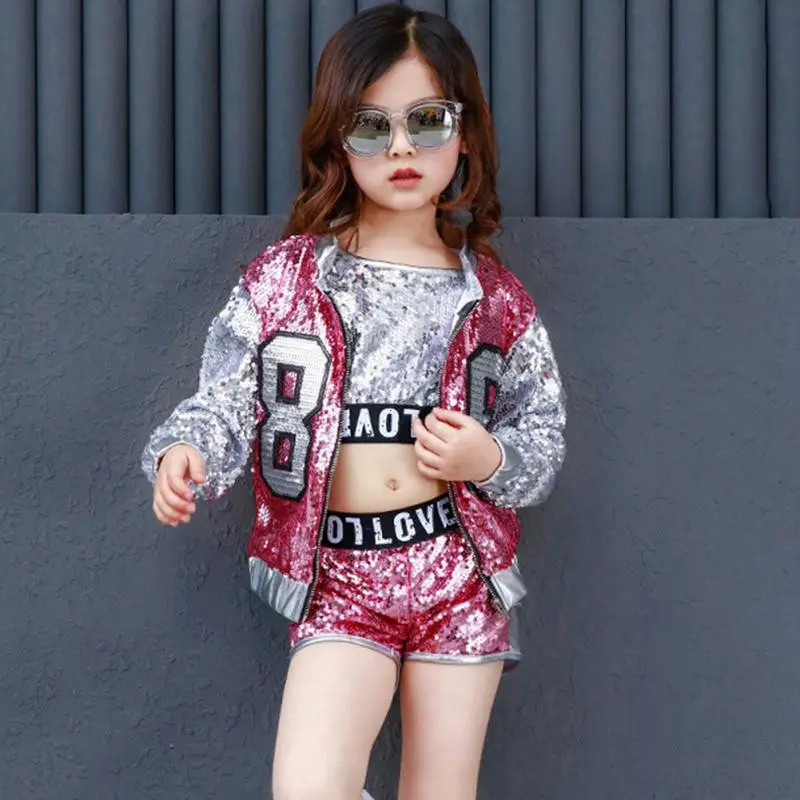 

Girls Hip Hop Sequins Costume Performance Vest + Shorts Clothes Suit Kids Dance