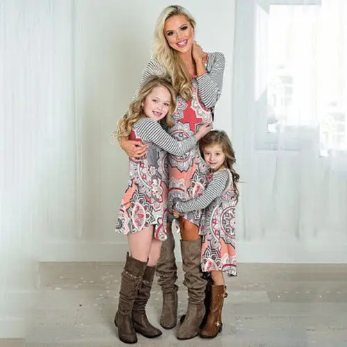 

2019 Mother and Daughter Long Sleeve Print Mini Dress Family Matching Clothes Women Girls Casual New