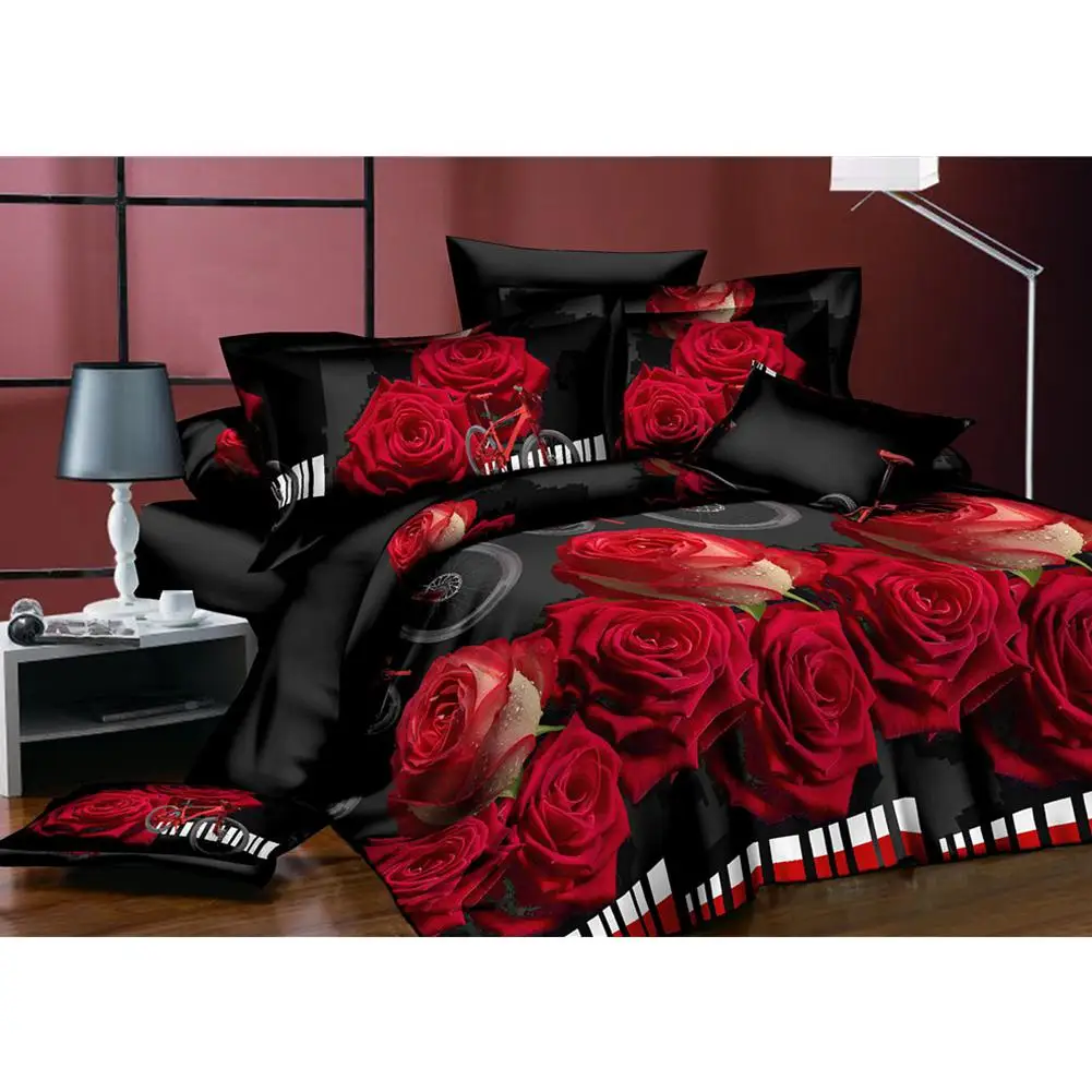  Adeeing 4Pcs/Set 3D Rose Flower Printing Pillowcase Quilt Cover Bed Sheet Bedding Set