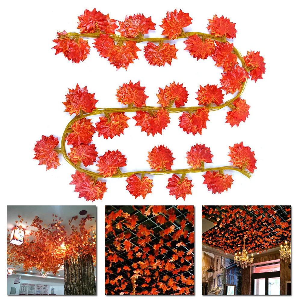 

12 Pieces Artificial Vine Red Autumn Maple Leaf Vine Silk Flower Fake Garland Leaf for Wedding Party Home Decoration