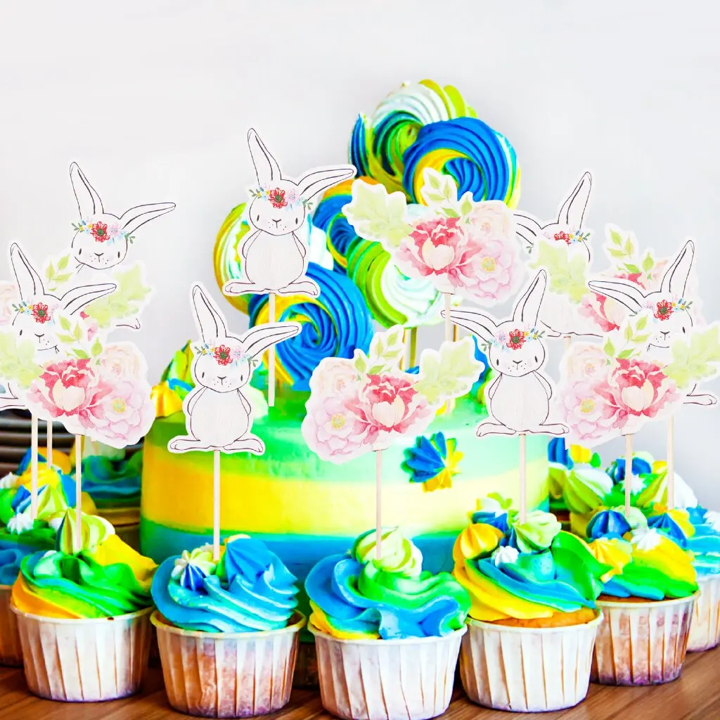 

24pcs Cute White Rabbit Cake Pick Hat Baby Shower Birthday Wedding Cartoon Easter Bunny Flowers Cupcake Toppers Party Decoration