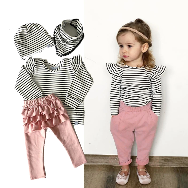 

Toddle Kids Baby Girl Clothes Set Fashion Fly Long Sleeve Cotton Striped Tops Solid Long Pants Girls Casual Party Outfits Sets