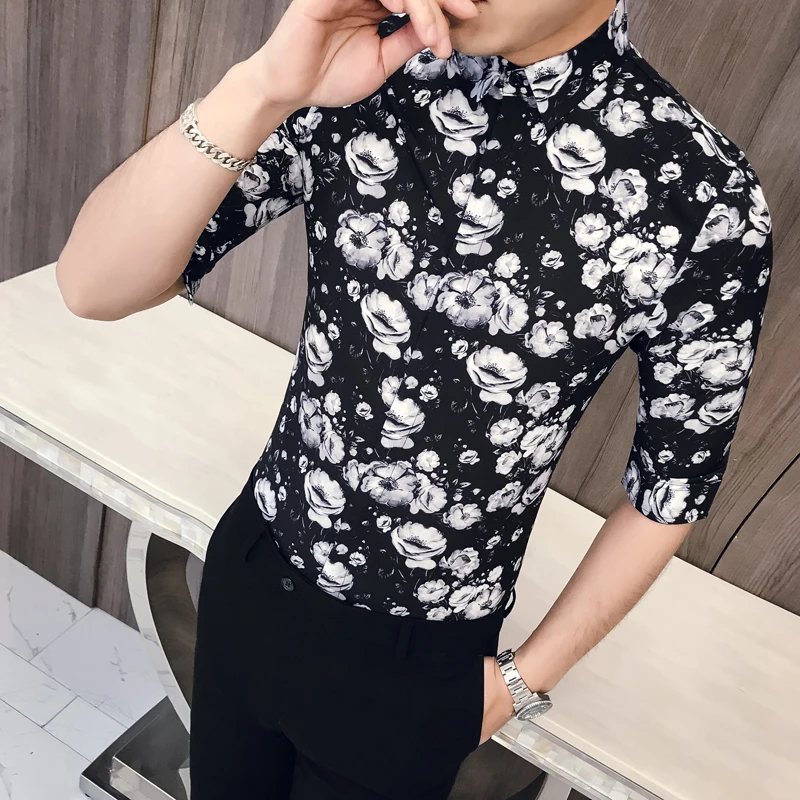 Korean Black White Floral Printing Shirt Slim Fit Dress Shirts Mens ...