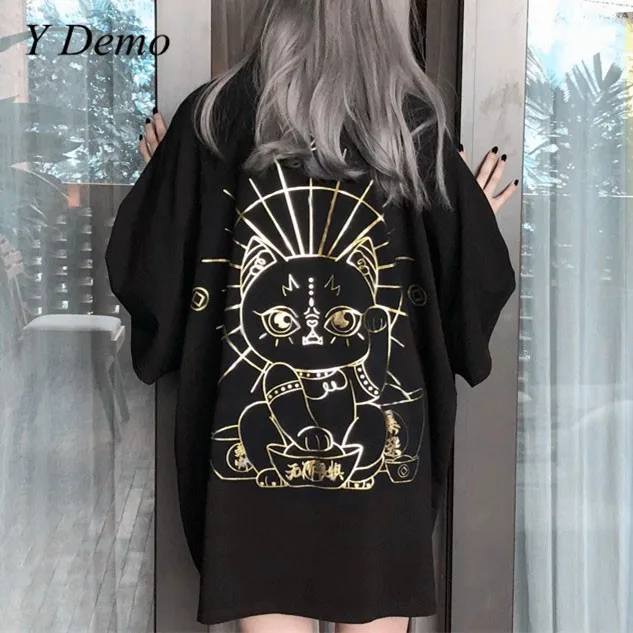 Gothic Style Lucky Cat Printing Oversize T Shirt Women Short