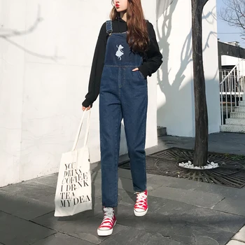 

Jumpsuits Women Embroidered Trendy Denim Retro Pockets Womens Jumpsuit Casual Korean Style All-match Student