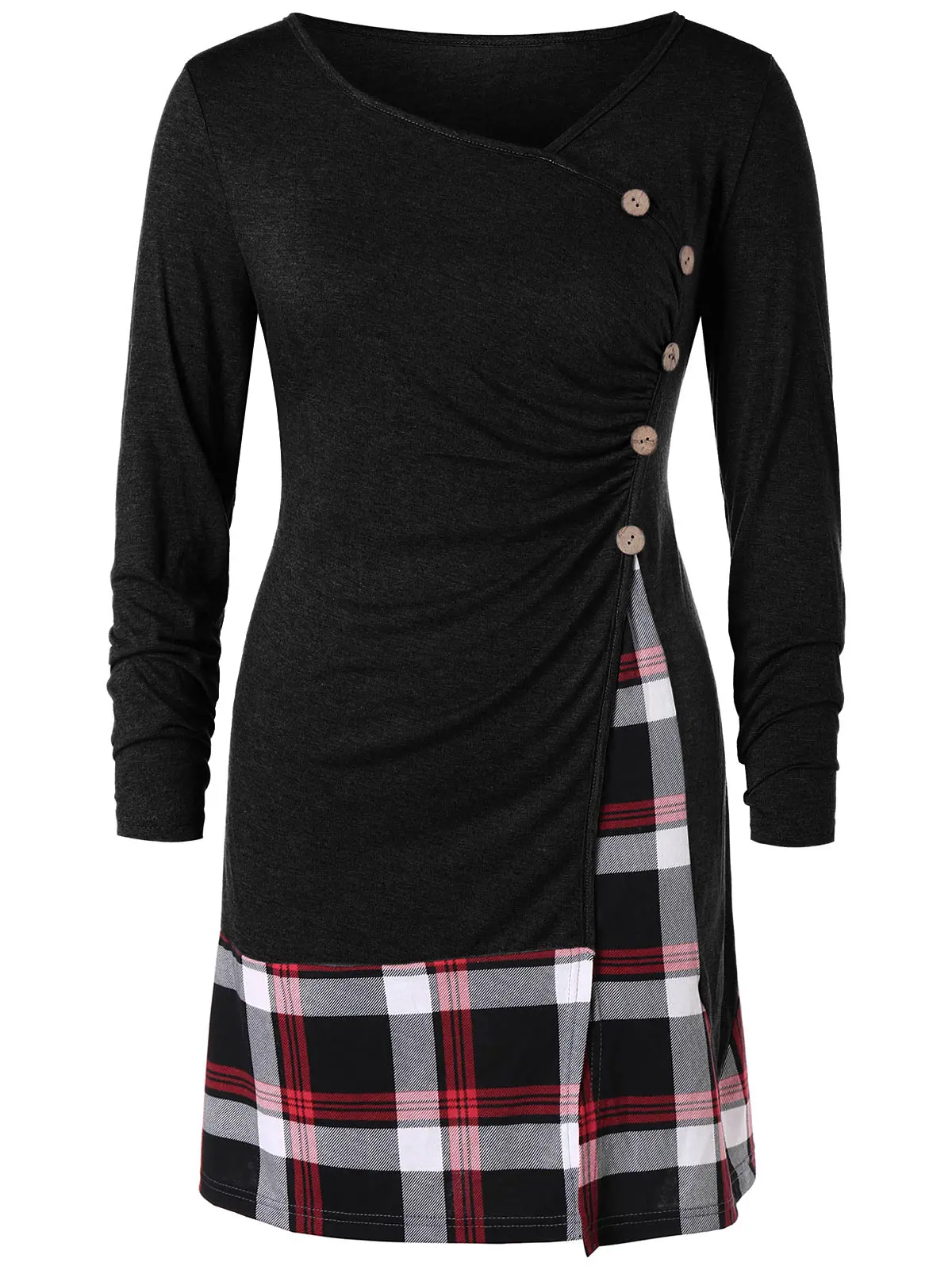 

Wipalo Fashion Plus Size Buttons Plaid Long Tunic T-Shirt Women V-Neck Long Sleeves Spring Draped Tops Tee Casual Women Clothes