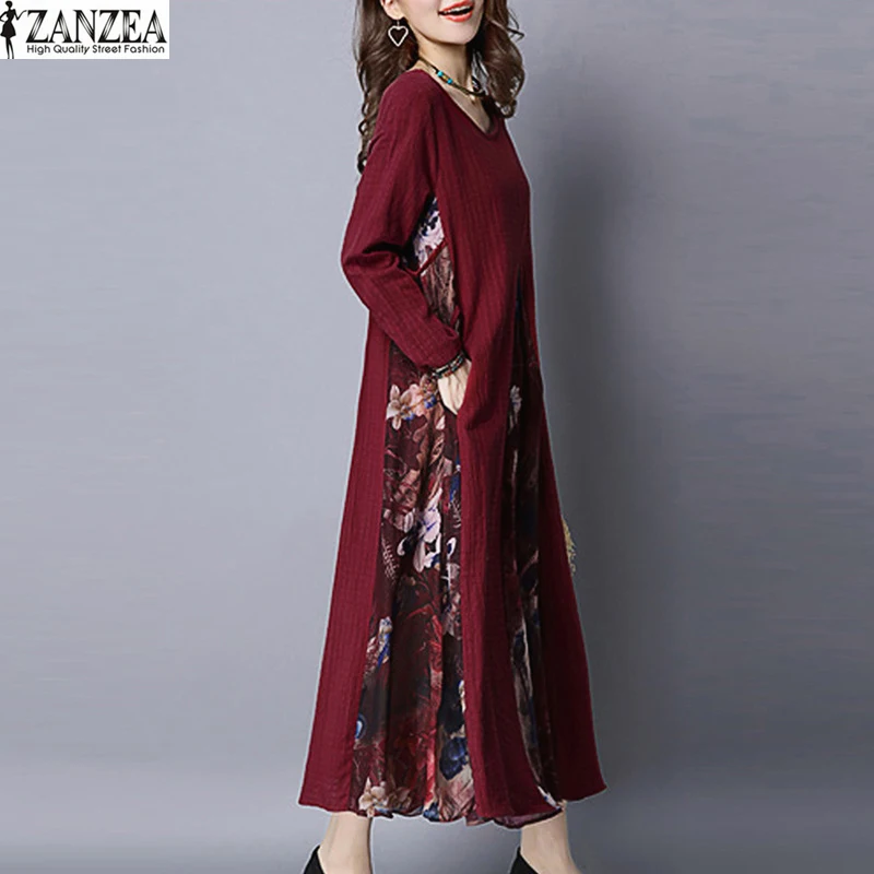 Najtaniej 2019 ZANZEA damska vintage, w kwiaty z długim rękawem długa sukienka wiosenny, patchworkowy bawełniany len Maxi Vestido Robe Sundress