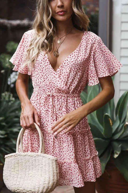 

Uguest Women Dress A Line V Neck Ruffles Butterfly Sleeve Sashes Floral Above Knee Mini Dress Sweet Beach Girl Vestidos Summer