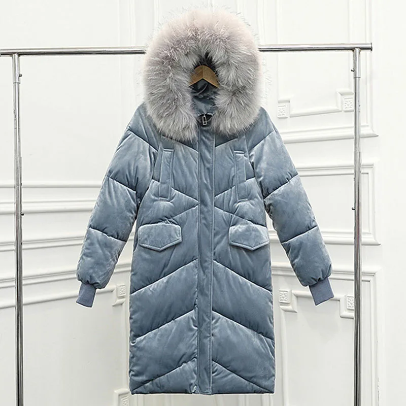 Бархатный пуховик, зимняя женская длинная приталенная куртка, большой меховой воротник, пальто для женщин, Модная парка размера плюс, зимние пальто