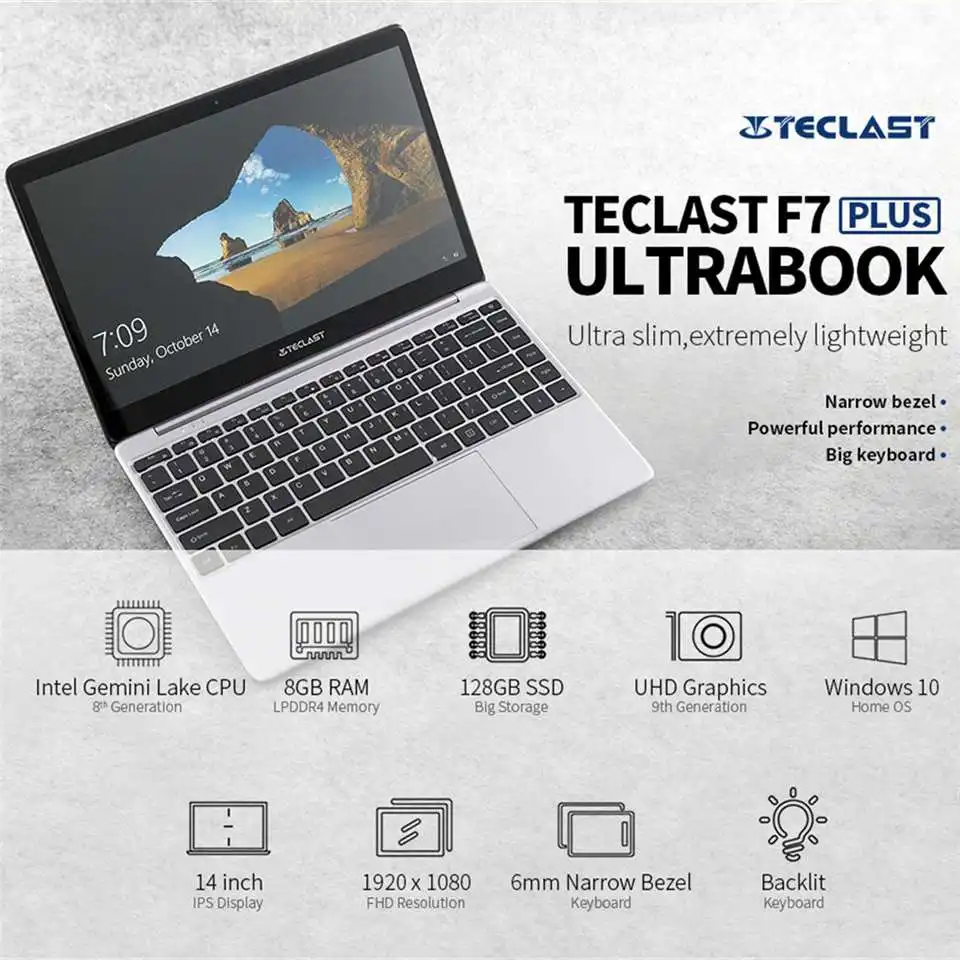 Teclast laptop F7 Plus Notebook 14.0 inch 8GB RAM+128GB ROM Intel UHD Graphics 600 GPU Lake N4100 Win10 HDMI Output 2.0MP Camera