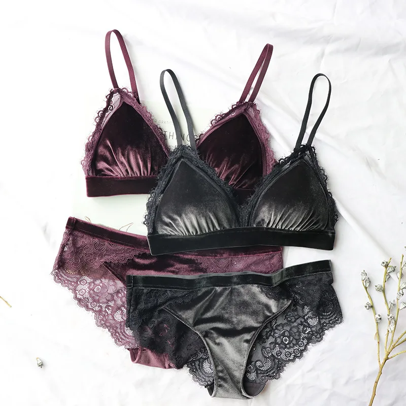 Sexy Lace Velvet Bra Set Wire Free With Paded Women Bra Underwear Sets ...