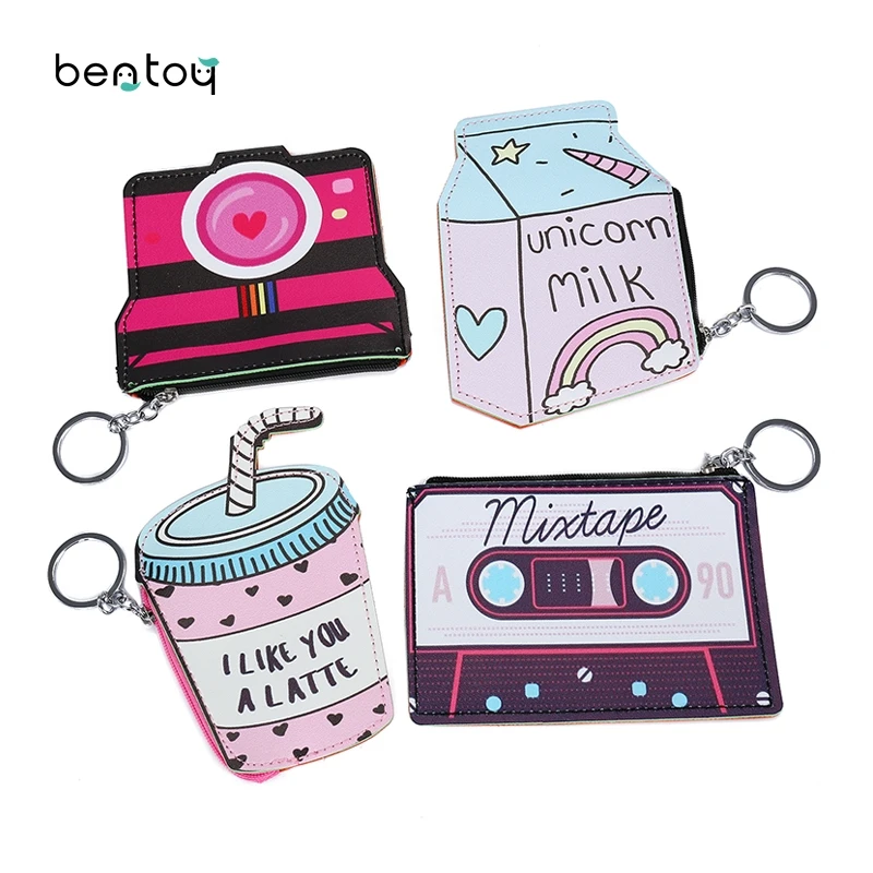 

2pc Creative Women Coin Purse Cute Bottle Camera Tape Leather Wallet Card Holder Keychain Small Bag For Girls Mini change purse