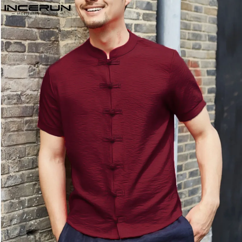 

INCERUN 2019 Chinese Style Traditional Shirt Men Short Sleeve Slim Fit Dress Shirt Men Solid Color Vintage Fashion Casual Shirt