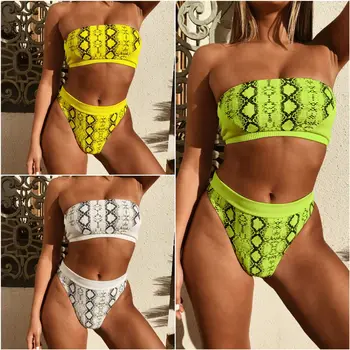 

NADANBAO 2019 Fashion Summer Women Off-Shoulder Strap Snake Print Yellow Green Pink Swimsuit Off Shoulder Bikini High Waist Be