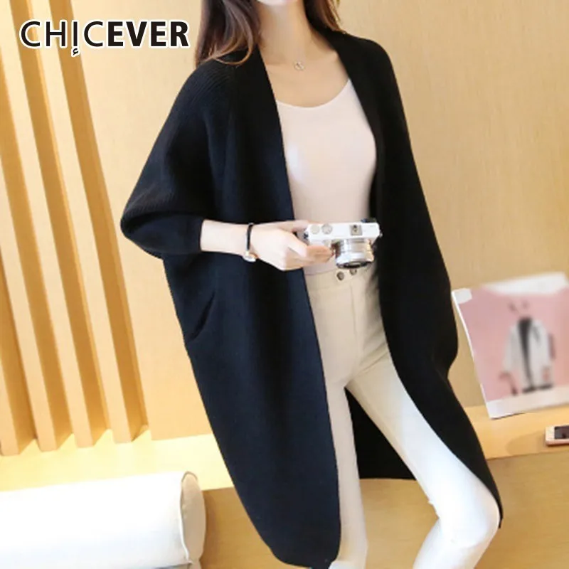 

CHICEVER Spring Women Cardigans Sweater Batwing Sleeve Patchwork Pockets Loose Oversize Knitting Sweaters 2019 Fashion New Tide