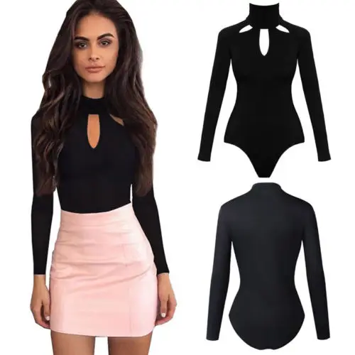 Women Spring Sexy Skinny Long Sleeve Turtleneck Romper Ladies Autumn Solid Black Jumpsuit Bodysuit Stretch Leotard Tops