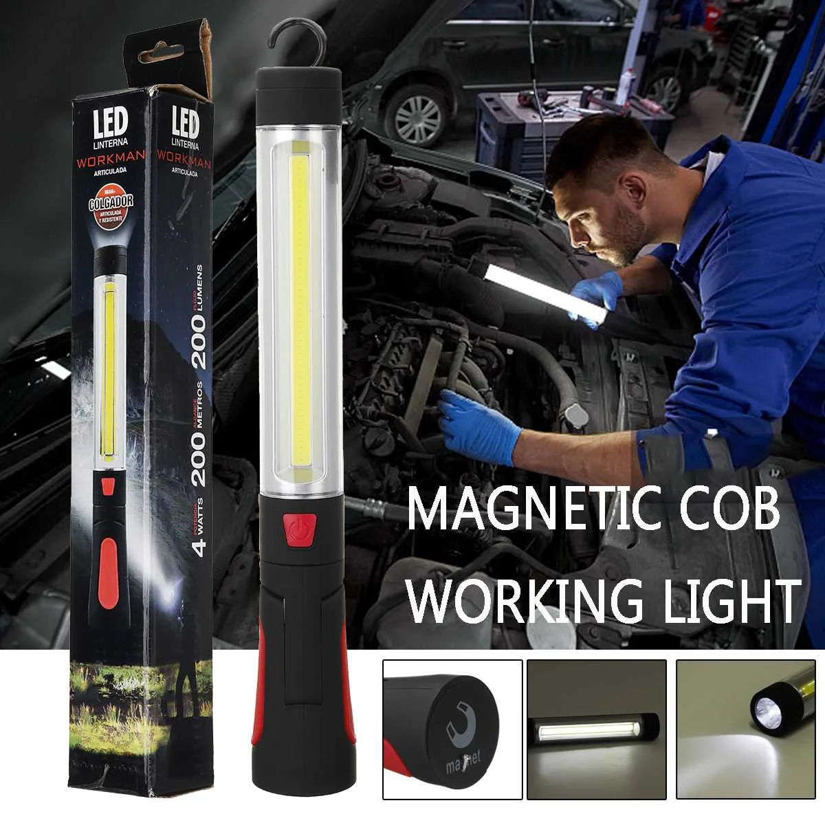 

4W Portable LED COB Flashlight Torch Magnetic Slim Work Light Inspection Torch with Hook For Outdoor Camping Fishing Hunting