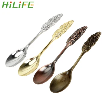 

HILIFE `Kitchen Accessories Coffee Spoon Coffee Desserts Tea Tablespoon 10cm Length Mulberry Shape Metal Carved Vintage Creative