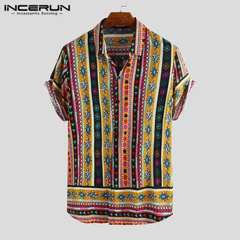 

INCERUN Print Men Casual Shirt Turn-down Collar Streetwear Loose Tops Vintage Ethnic Style Short Sleeve Shirts Men Chemise 2020