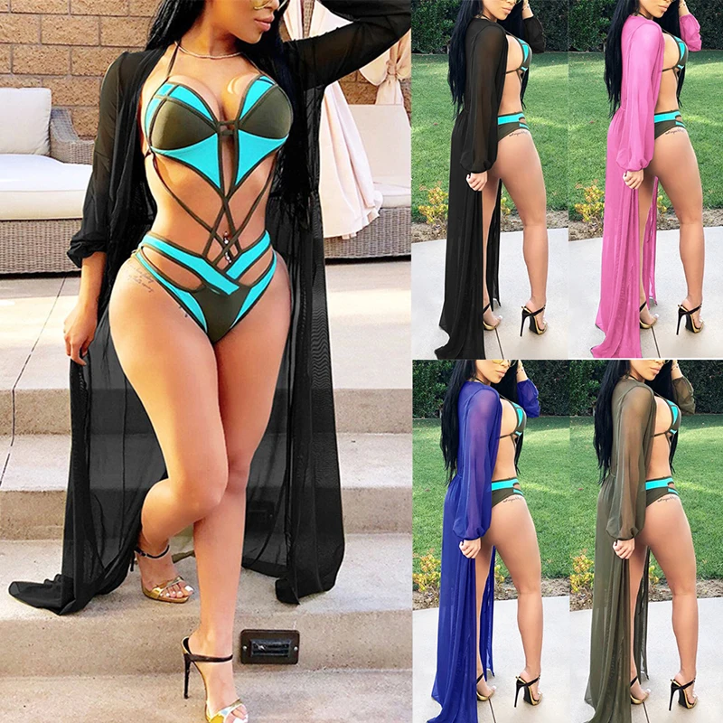

Women Fashion Bikini Cover Up Elegant Summer Lace Crochet Beach Dress Loose Mesh Transparent Beach Cover up kaftan Bathing Suit