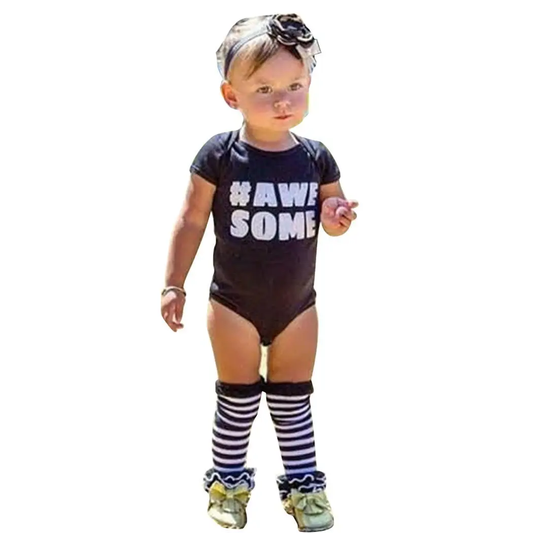 

Kids Baby Round Neck Short Sleeve Letter Print Casual O-Neck Black Cute Romper