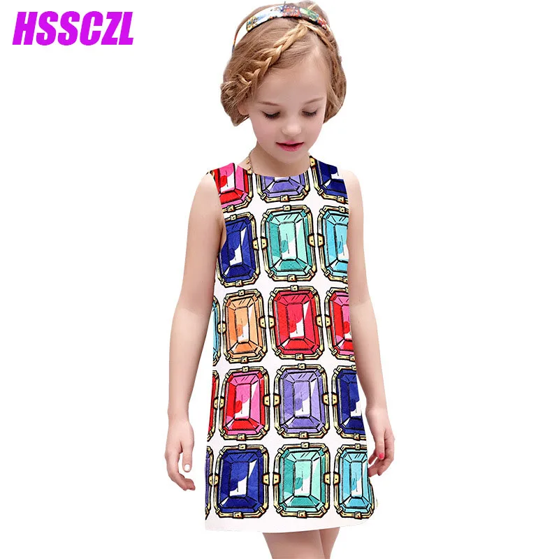

2017 new high-end girls dresses summer printing geometric rectangular pattern thick section children's clothing sleeveless 4-14A