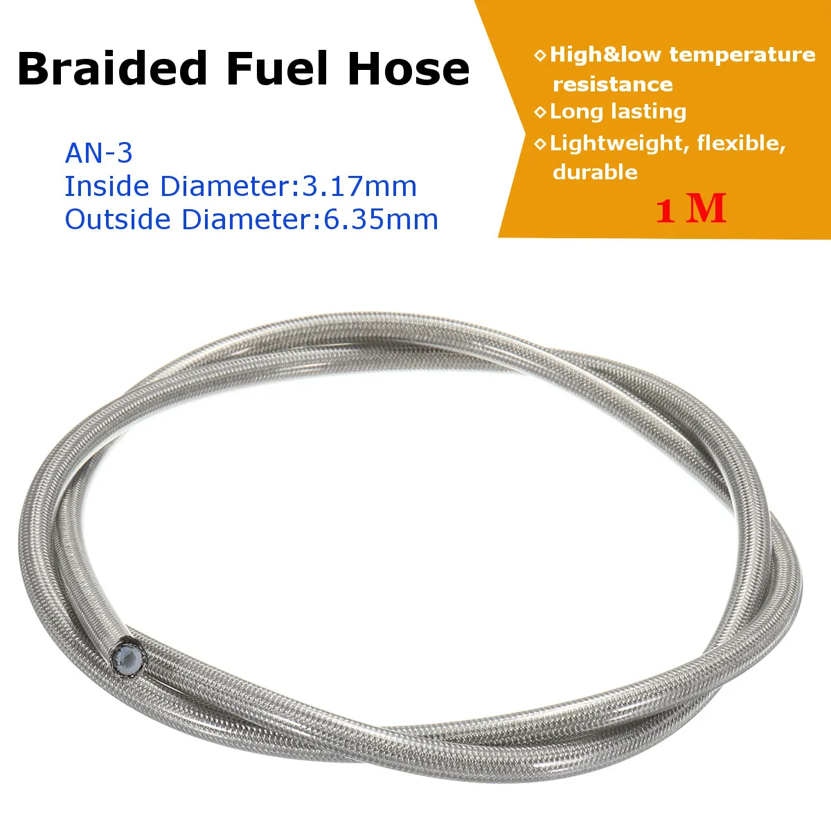 

1 Meter 3.28FT Silver Stainless Steel Braided Oil Fuel Coolant Hose Line AN-3 AN3 3.17mm