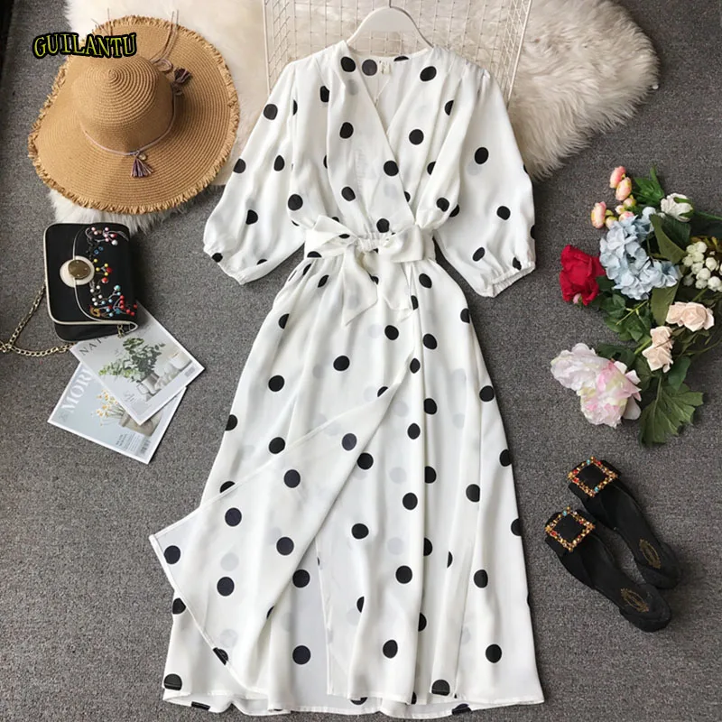 

Summer Polka Dot Print Beach Robe Longue Dress Women Thigh Slit See Through Bandage Maxi White Bohemia Dresses Evening Party