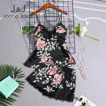 

Jocoo Jolee Ladies Summer Two Pieces Set Pajama Sexy Satin Sleepwear Femme Fashion Flower Pajamas for Women with Chest Pad