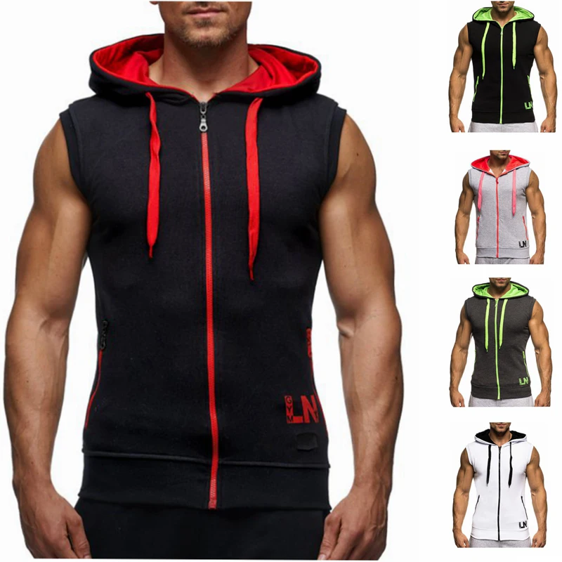 

2019 Sport Top Men Sleeveless Zipper Pocket Hoodies Fashion Casual Clothing Cardigan Workout Jackets Tanktop Sweatshirts