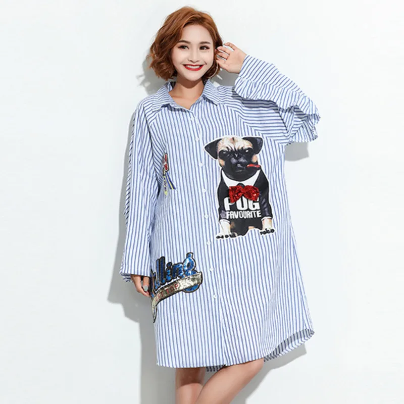 

#5832 Thin Long Striped Shirt Women Pearl Sequins Lapel Collar Oversize Hip Hip Streetwear Harajuku Long Sleeve Shirt Loose