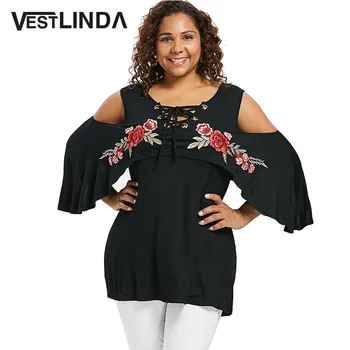 

VESTLINDA Cold Shoulder Floral Embroidery Lace Up T-Shirt Women Tops Casual O Neck Long Sleeve T Shirt Female Clothes Plus Size
