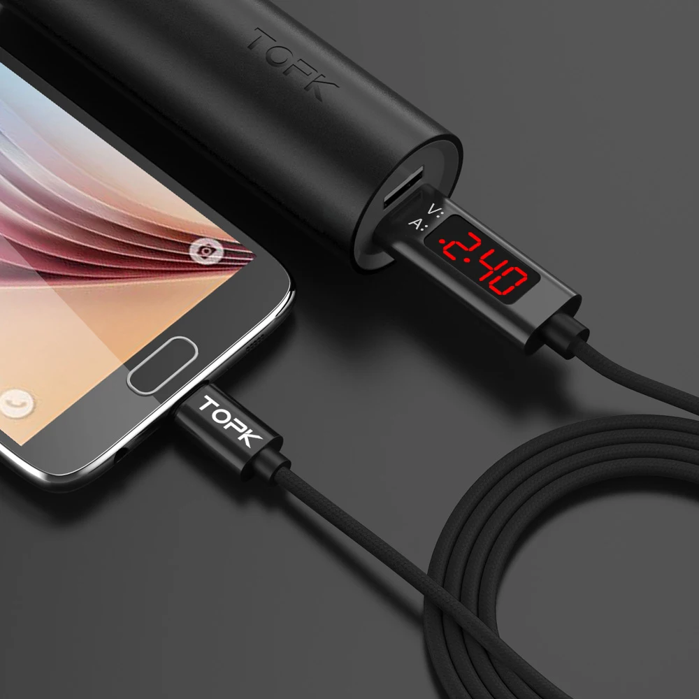 Кабель Micro USB TOPK с индикатором напряжения и силы тока 1 м|Кабели для мобильных