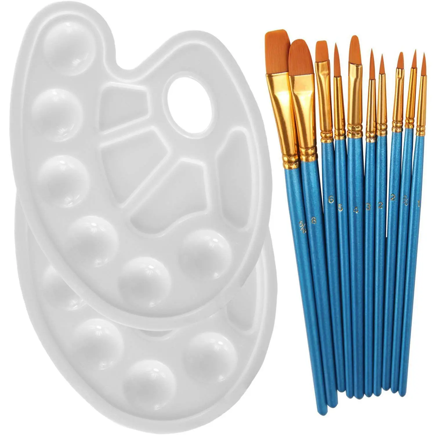 Heartybay 10Pieces Round Pointed Tip Nylon Hair Brush Set With 2 Piece Paint Tray Palette 