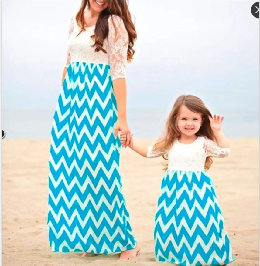 ZOGAA 2019 Spring and Summer Metseniles Stitching Wave Printed Mother Daughter Dresses Family Matching Clothes 2 Colors