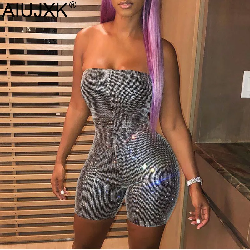

AIUJXK New Arrival 2019 Glitter Silver Off Shoulder Sexy Playsuits Women Backless Club Casual Bodysuit Summer Fashion Romper