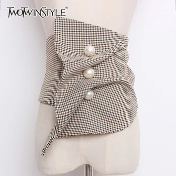 

TWOTWINSTYLE High Waist Irregular For Women Plaid Ruched Pearls Belt Cummerbunds Vintage Accessories 2020 Spring Fashion Tide