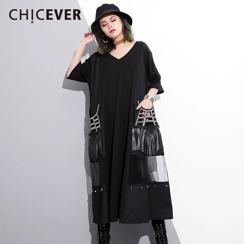 Черное летнее платье CHICEVER для женщин лоскутное прозрачное Сетчатое свободное
