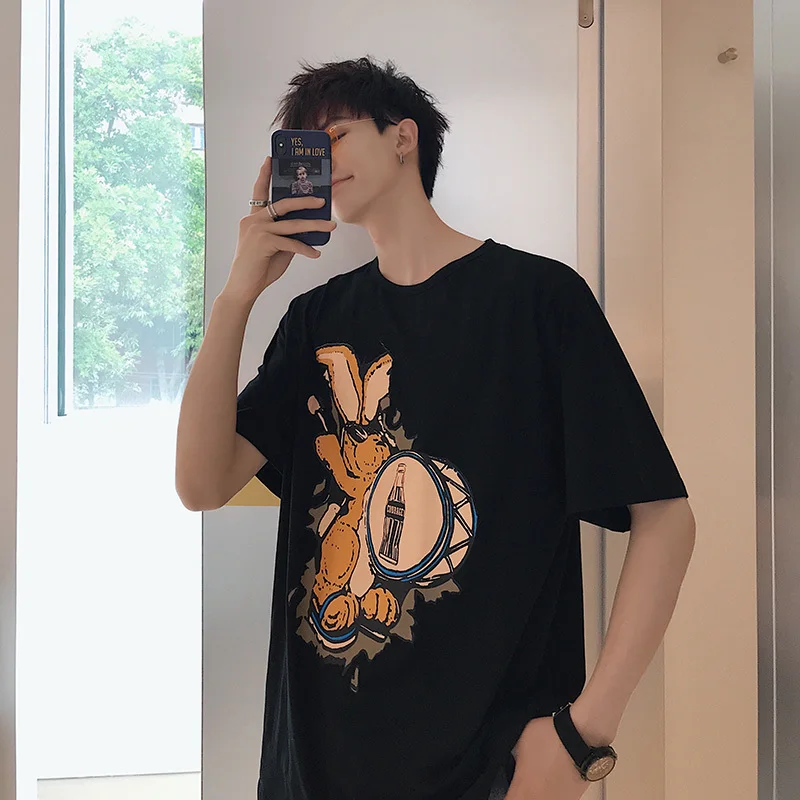 

Men's T-shirt 2019 summer new loose slim casual sports cartoon printing pure cotton five points personality youth men's wear