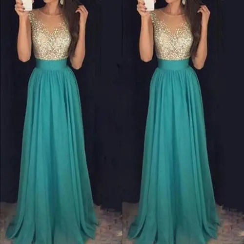 

2019 Women Ladies Dress Fashion Bling Formal Dress Wedding Evening Party Prom Blue+Gold Fashion Beautiful