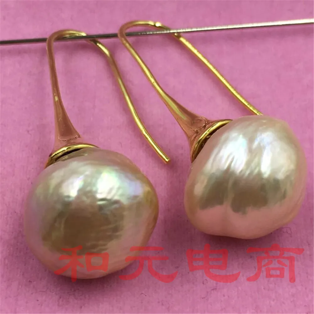 

13-14MM HUGE baroque pearl earrings GOLD party dangler pink AAA diy earbob hand-made flawless REAL classic natural TwoPin