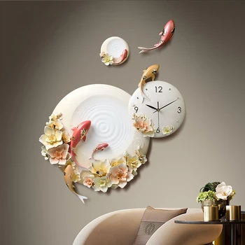 

Modern Minimalist Creative Personality Embossed Fish Flower European Home Wall Clock Livingroom Resin Clock Decoration Craft Art