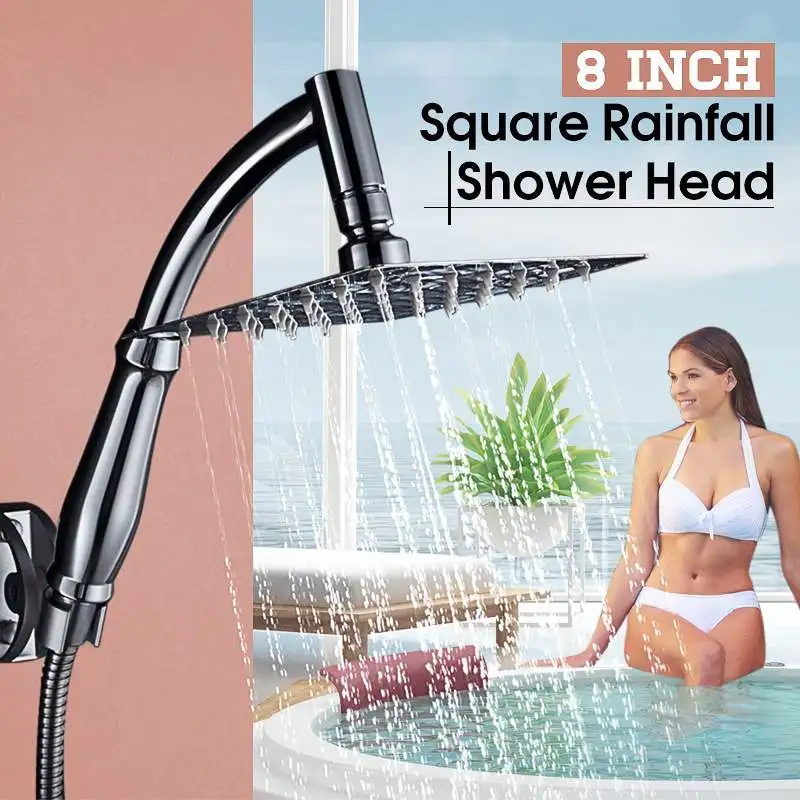 

8 Inch Square Ultra-thin Shower Head Set Rainfall Shower Head With 1.5m Stainless Steel Hose Shower Holder Celling Mounted