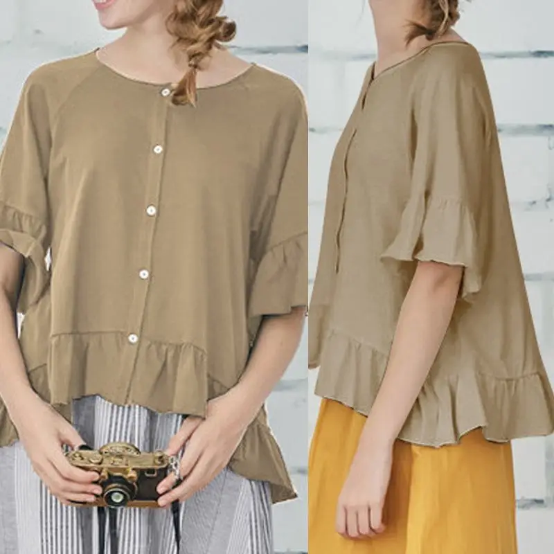 

Celmia Vintage Women's Blouses 2019 Summer Tops Plus Size Short Sleeve Ruffle Shirts Casual Buttons Loose Solid Blusas Femininas