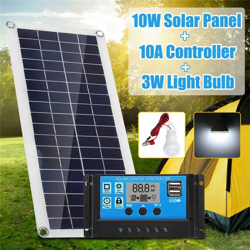 

10W 18V Solar Panel+12/24V 10A USB controller+1PCS 3W 12V Led Light Solar Charger Battery for Car Boat Solar System kits