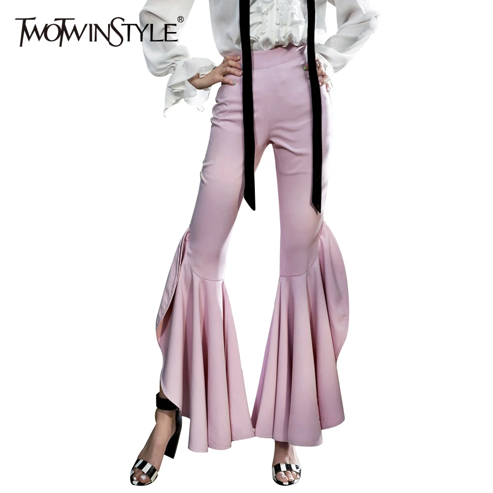 

TWOTWINSTYLE Trousers For Women Flare Pants Female High Waist Ruffle Casual Clothes Korean Fashion Large Big Sizes 2019 Autumn