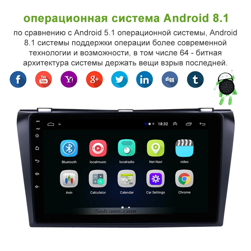 Seicane 9" 2din Android 8.1 Car Radio Bluetooth Wifi GPS Multimedia Player Head Unit For 2004 2005 2006 2007 2008 2009 Mazda 3