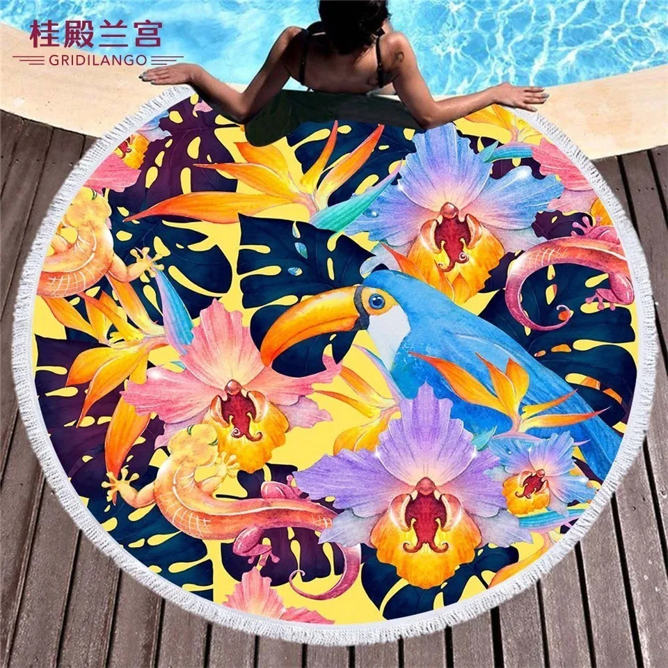 

GRIDILANGO Multicolor Animal Plant Pattern Round Beach Towel For Adult Quickly Absorbtable Travel Outdoor Yoga Mat Bath Towel